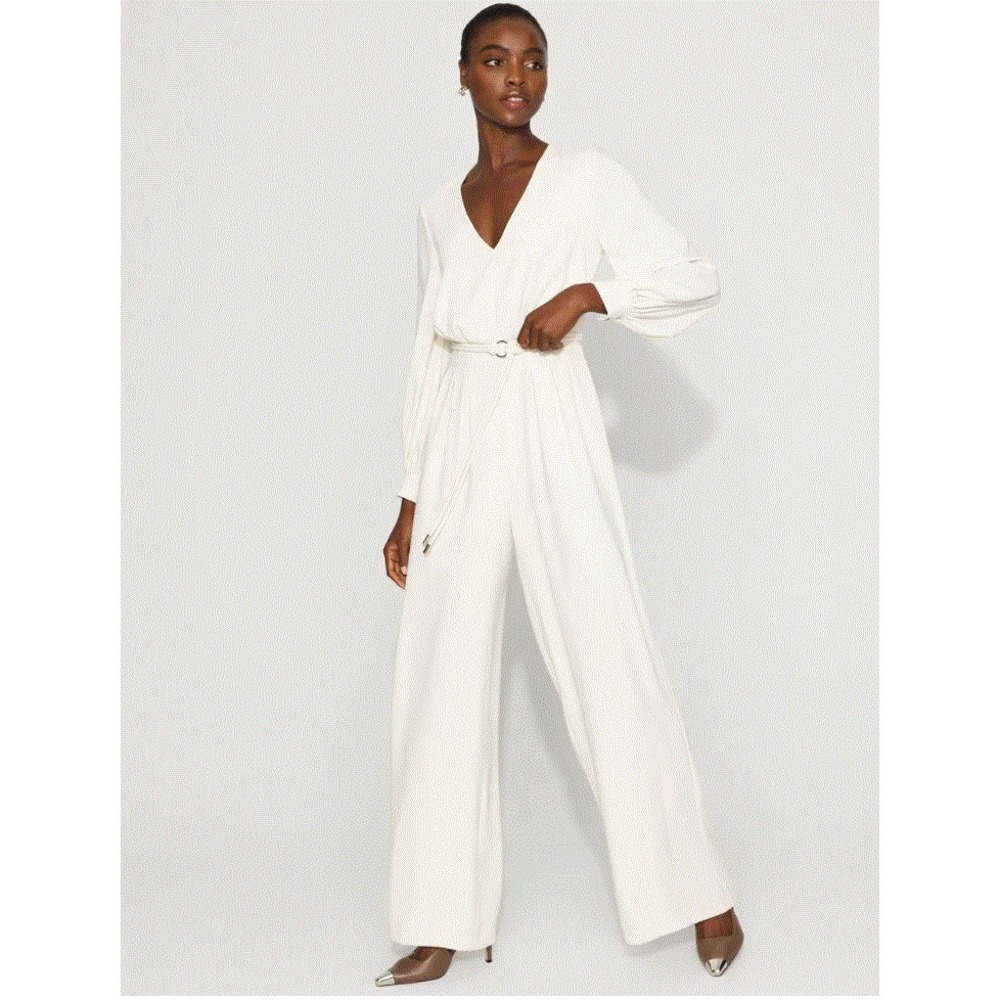 White House Black Market WHBM Jumpsuit 00P Ivory Belted Wide Leg 570398319